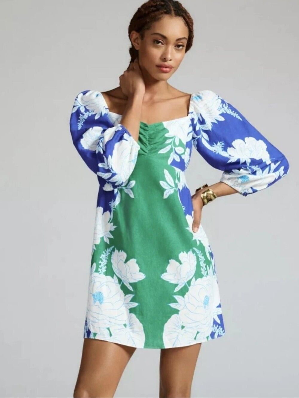 FARM Rio "Soft Garden" Ruched Front Floral Print Mini Dress Sz. S Ret. $230